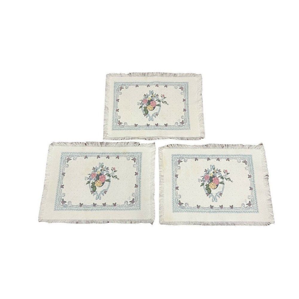 Lot 3 Set Vintage Victorian Stamped Placemat Floral Pink Rose Blue Border Fringe